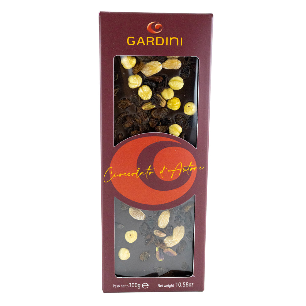 Prémiová italská čokoláda Gardini hořká 62% s lískovými oříšky a rozinky (300g)