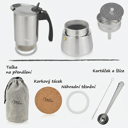 Moka konvička z nerezové oceli pro všechny typy vařičů (na 4 šálky / 200ml) - černé madlo