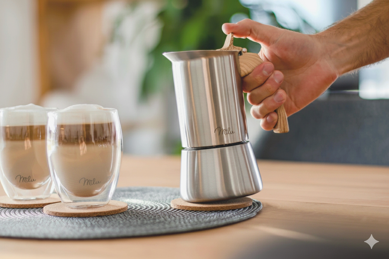 Moka konvička z nerezové oceli pro všechny typy vařičů (na 9 šálků / 450ml)