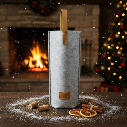 Luxusní dárková taška na víno (šedá s koženým úchopem a detaily)