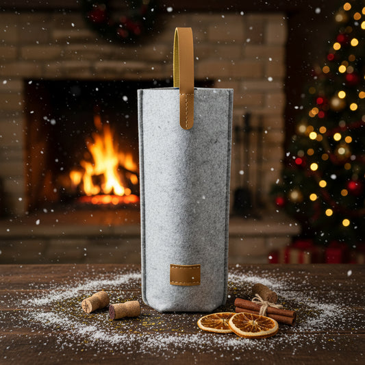 Luxusní dárková taška na víno (šedá s koženým úchopem a detaily)