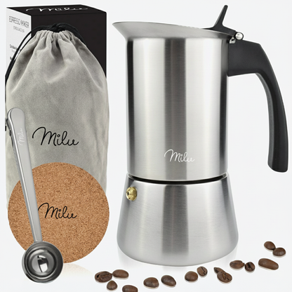 Moka konvička z nerezové oceli pro všechny typy vařičů (na 4 šálky / 200ml) - černé madlo