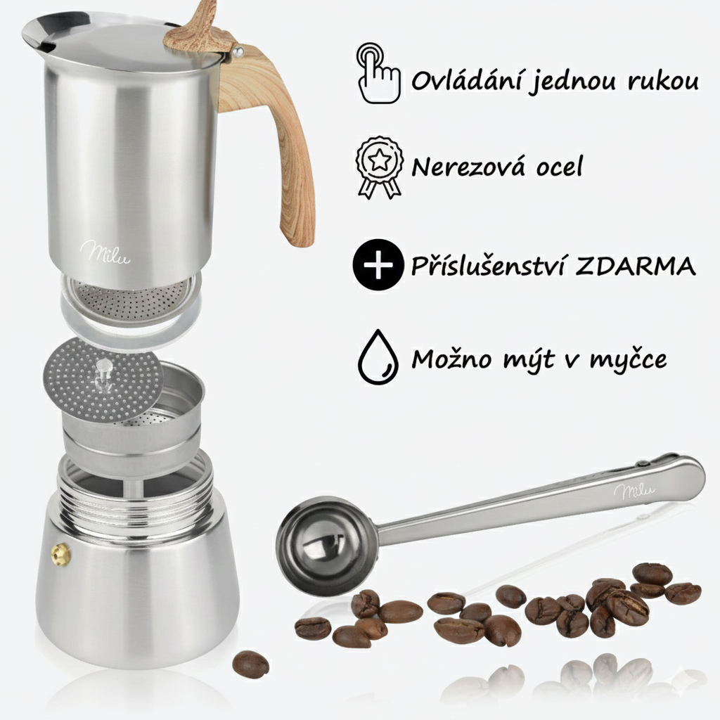 Moka konvička z nerezové oceli pro všechny typy vařičů (na 9 šálků / 450ml)
