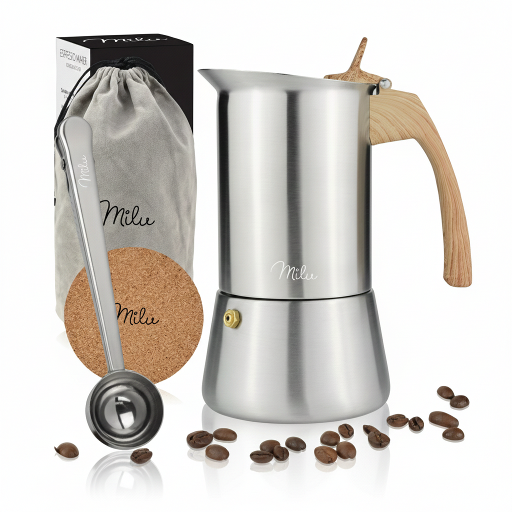 Moka konvička z nerezové oceli pro všechny typy vařičů (na 9 šálků / 450ml)