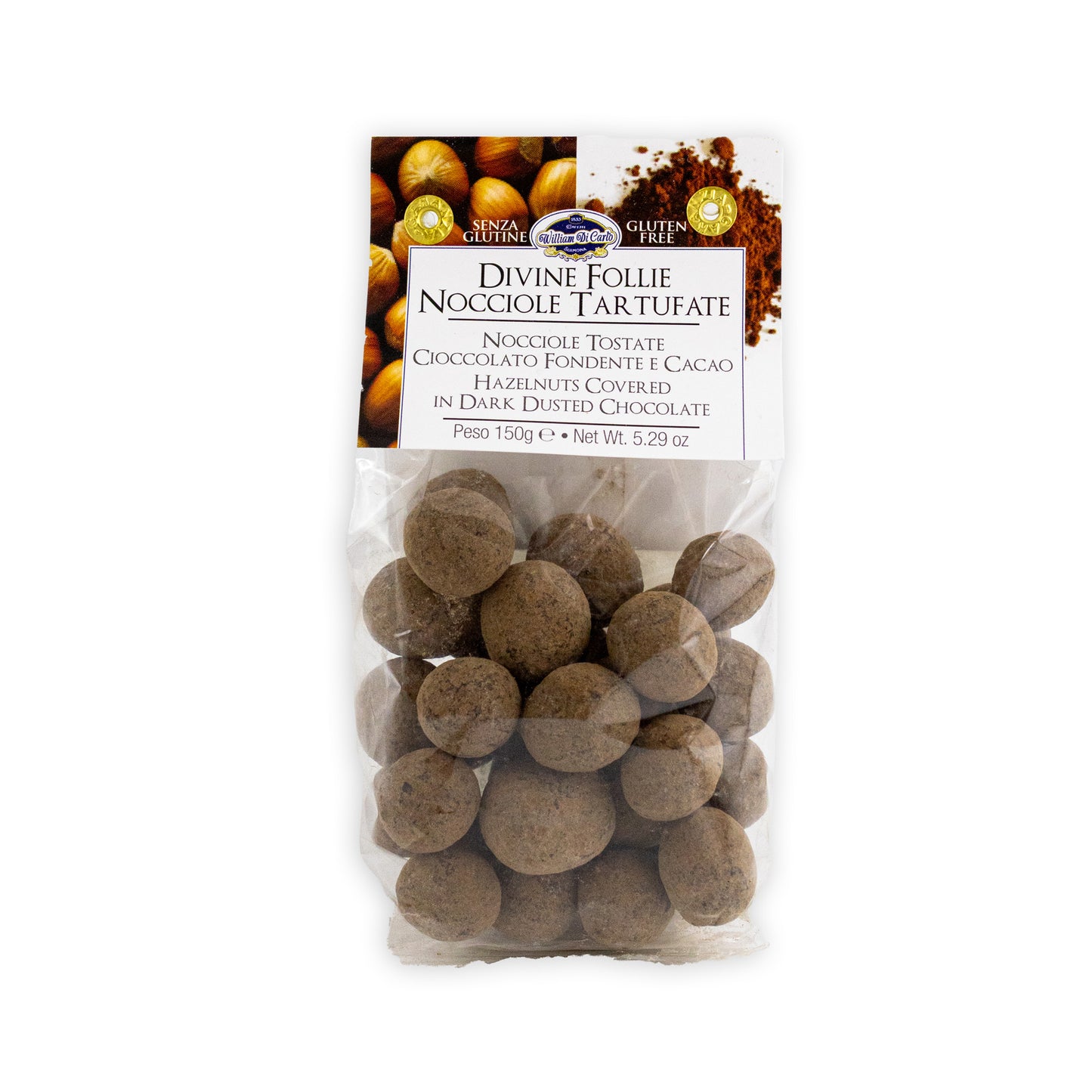 Divine Follie Nocciole Tartufate – lískové oříšky v tmavé čokoládě (150g)