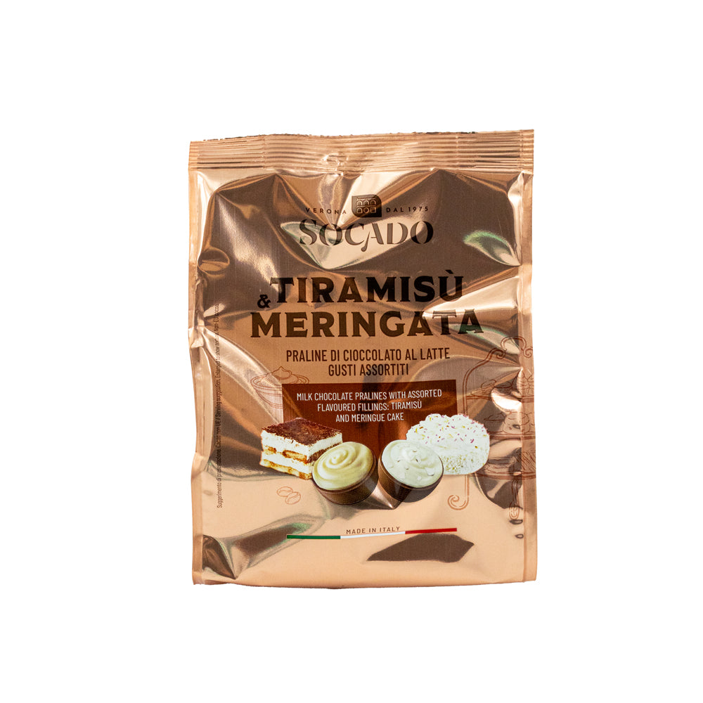 Socado Pralinky Tiramisu & Meringata – mléčná čokoláda s náplní tiramisu a pusinky (150 g)
