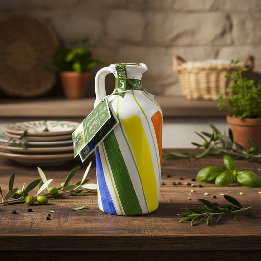 Extra panenský olivový olej v ručně zdobené keramické nádobě (Barevné čáry 500ml)